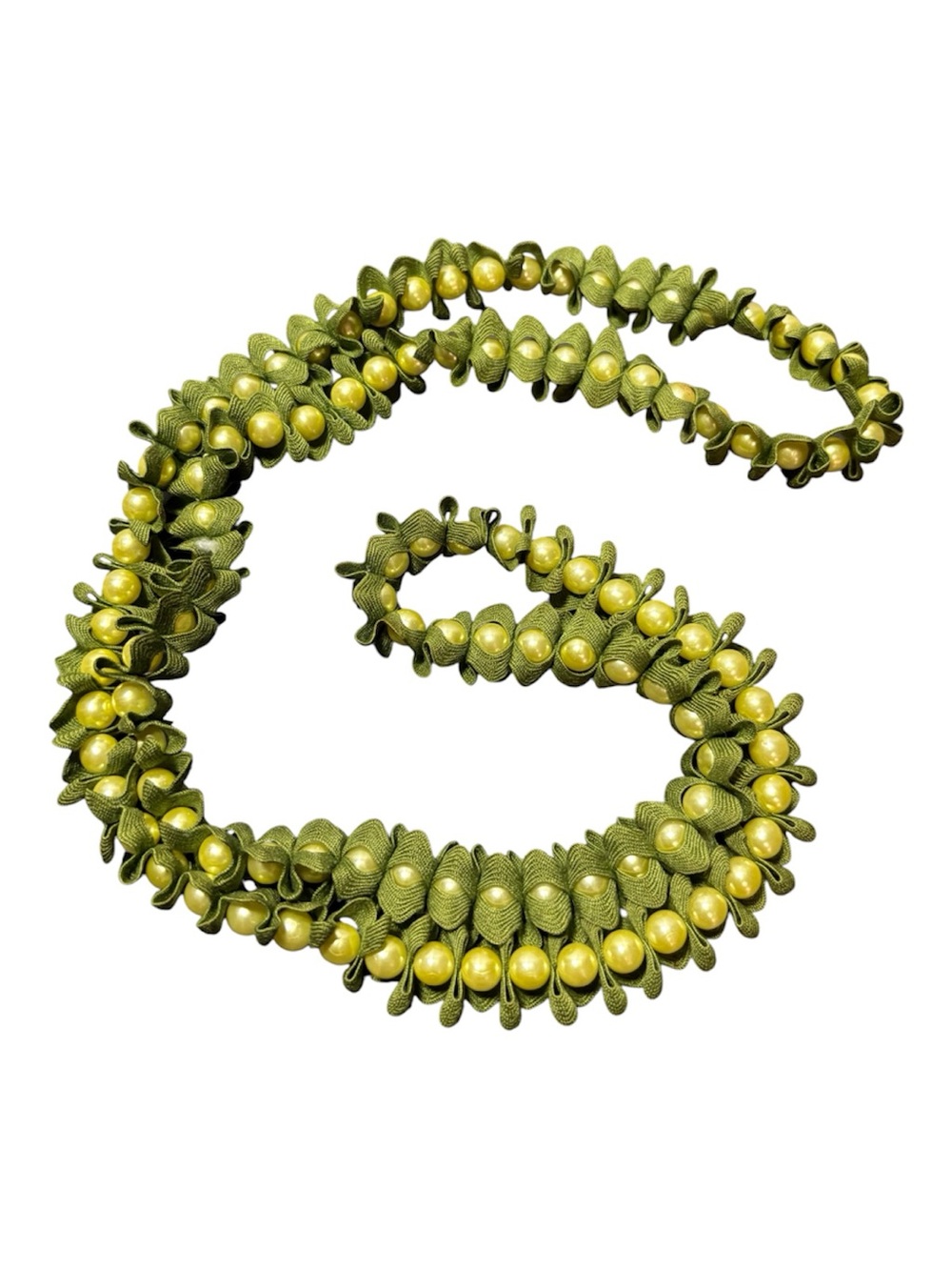 Hawaiian Pearl Green Ribbon Lei Necklace